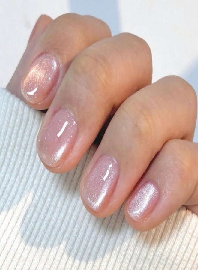 Sevgob Shiny Glitter Press on Nails Short Square Fake Nails with Cat-Eyes Designs Bling Nails Press ons Nude False Nails Glossy Spring Nail Reusable for Women Girls Daily Manicure 24PCS - Image 1